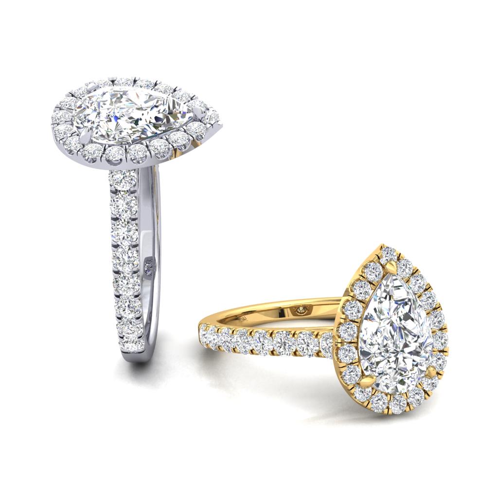 18CT Gold Pear Cut Diamond Halo Ring with Diamond Set Shoulders - Robert Anthony Jewellers, Edinburgh