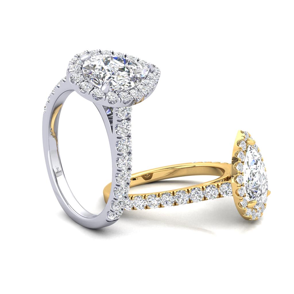 18CT Gold Pear Cut Diamond Halo Ring with Diamond Set Shoulders - Robert Anthony Jewellers, Edinburgh