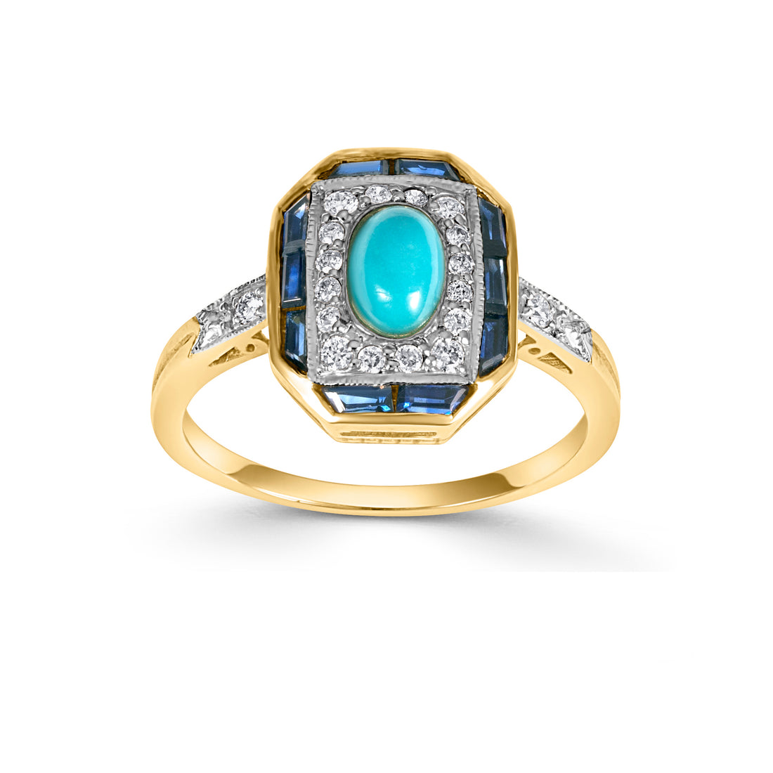 9ct Gold Turquoise, Sapphire and Diamond Ring - Robert Anthony Jewellers, Edinburgh