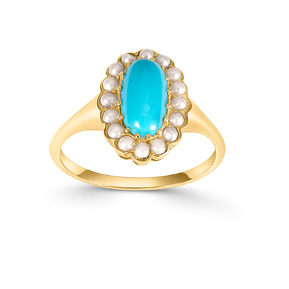 9ct Gold Turquoise and Seed Pearl Cluster Ring