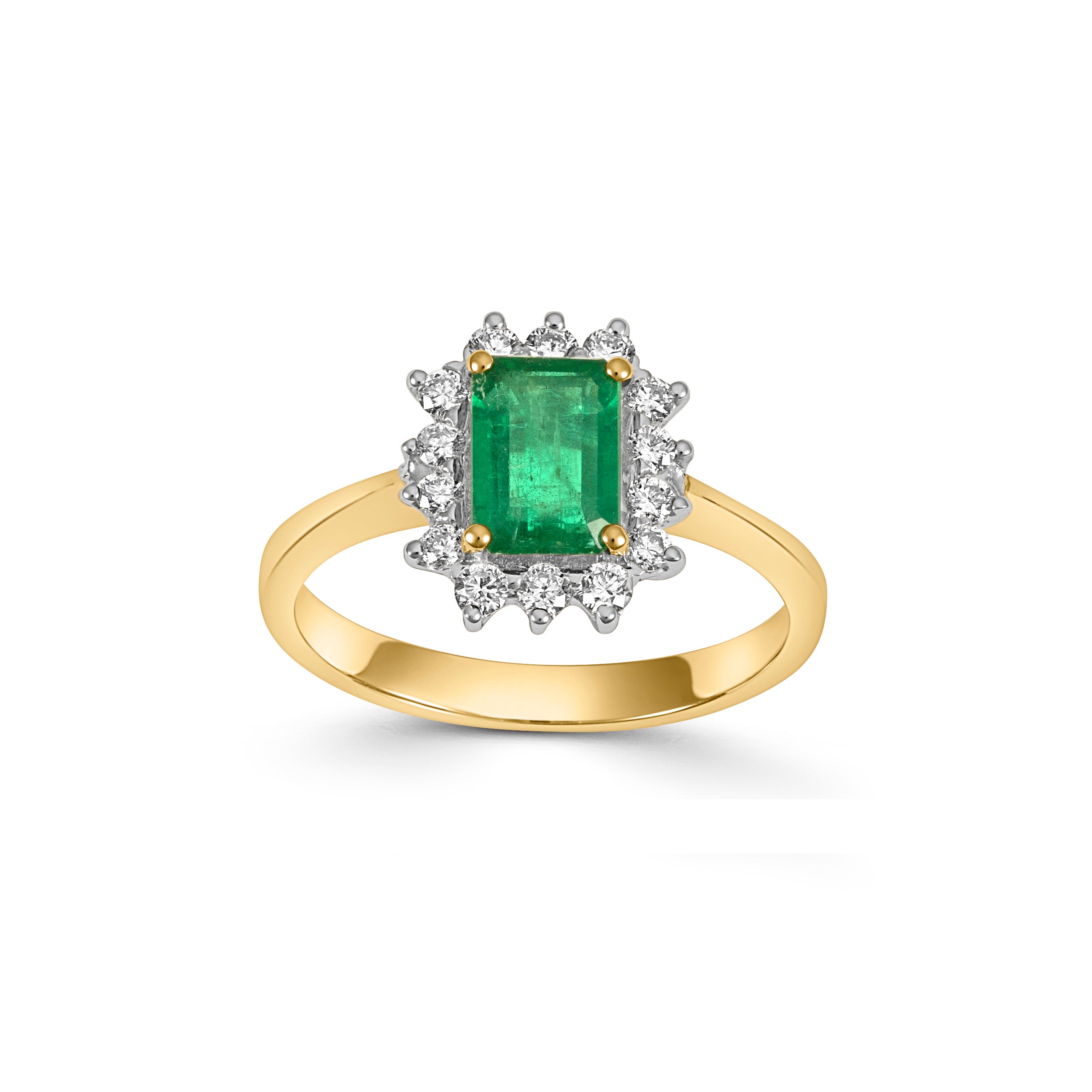 Diamond surrounded by on sale emeralds