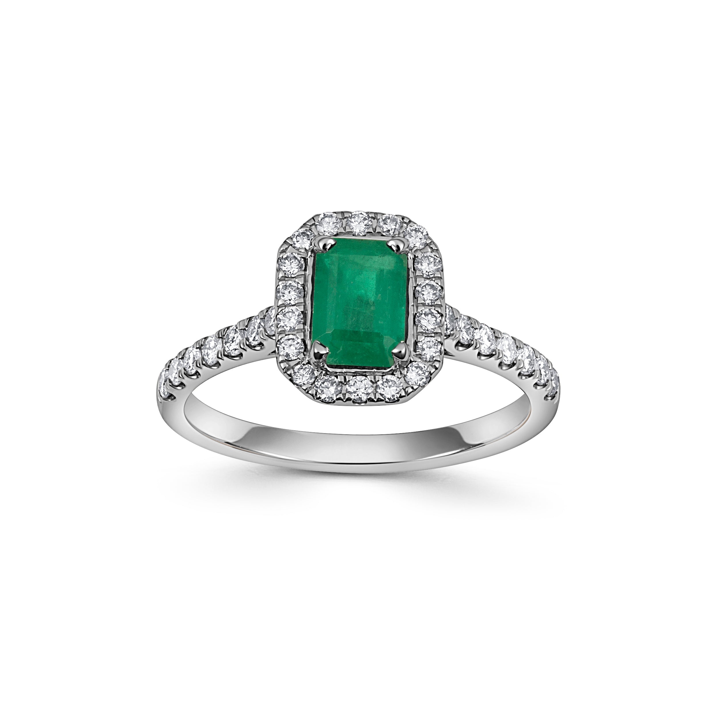 18ct White Gold Emerald and Diamond Halo Cluster Ring - Robert Anthony Jewellers, Edinburgh