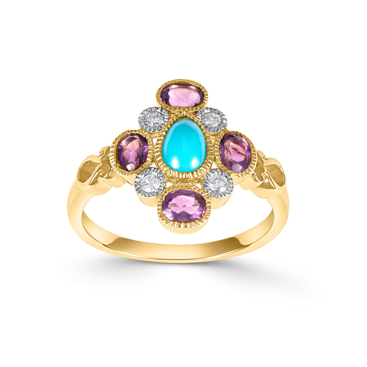 9ct Gold Turquoise, Amethyst and Diamond Ring