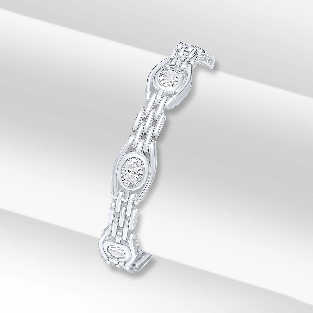 Silver Handmade Oval CZ (Cubic Zirconia) Gate Chain Bracelet - Robert Anthony Jewellers, Edinburgh