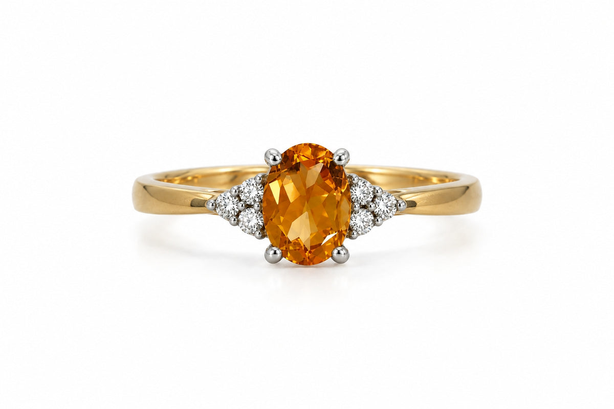 9ct Yellow &amp; White Gold Oval Citrine &amp; Diamond Trefoil
