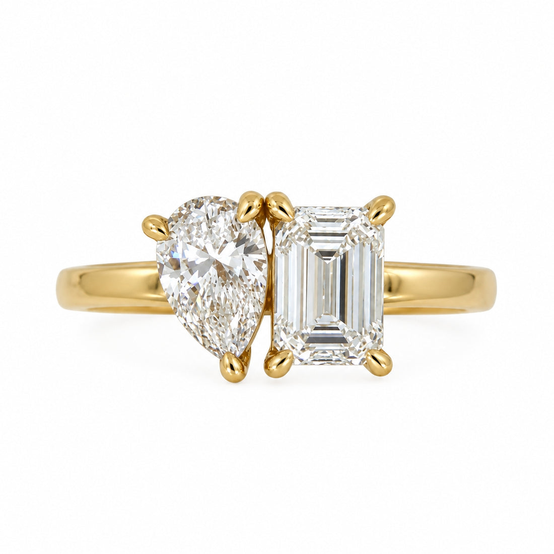 18ct Yellow Gold Pear &amp; Emerald Cut Diamond Two-Stone Ring
