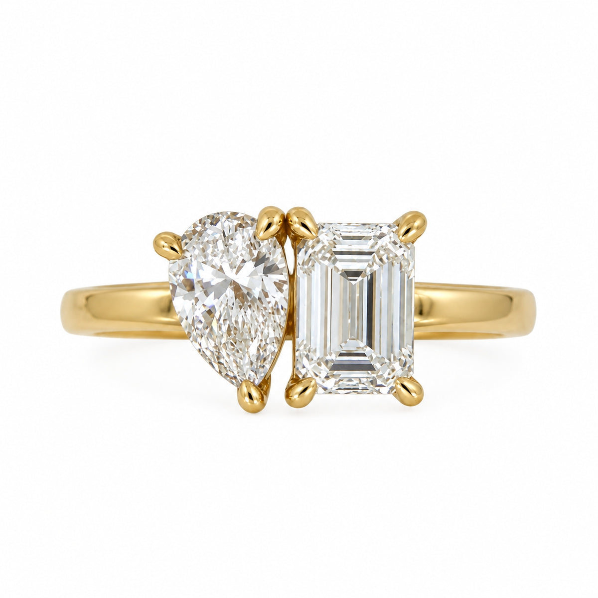 18ct Yellow Gold Pear &amp; Emerald Cut Diamond Two-Stone Ring