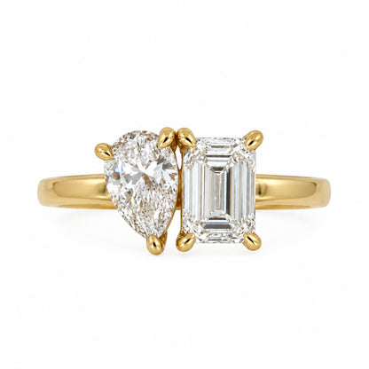 18ct Yellow Gold Pear &amp; Emerald Cut Diamond Two-Stone Ring
