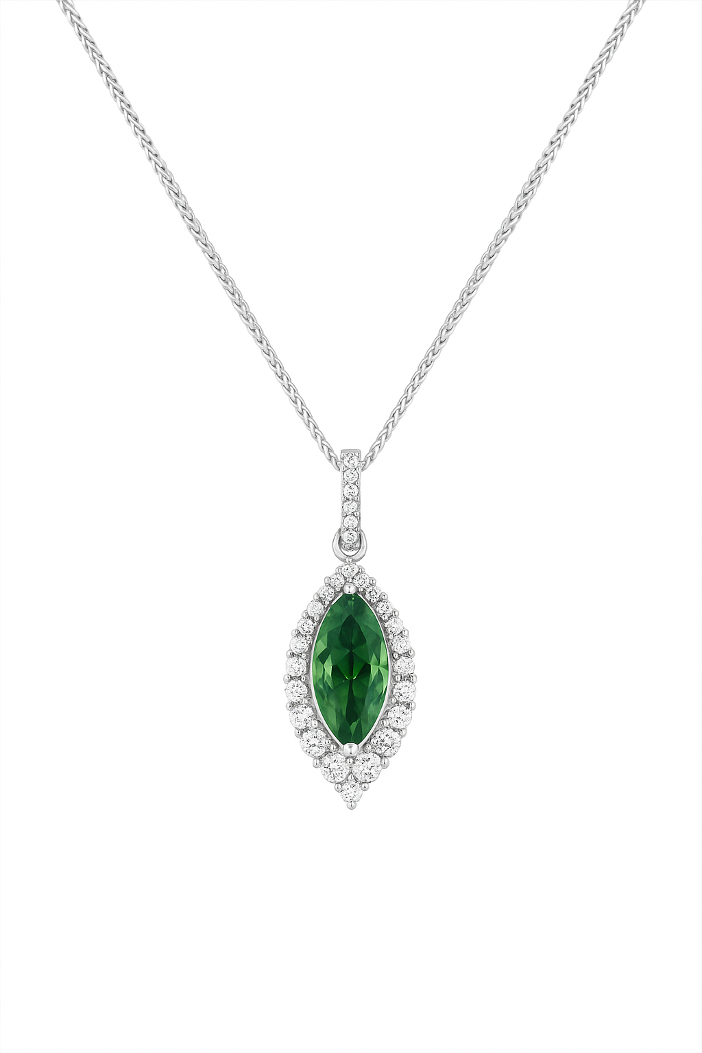 Sterling Silver Marquise Green CZ &amp; Diamond Style Pendant Necklace