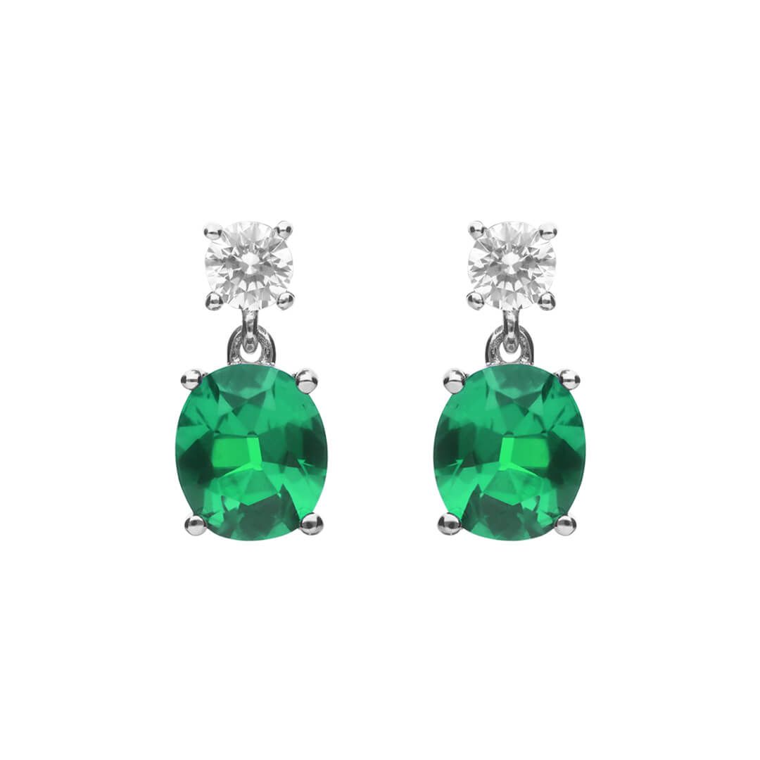 Silver and Emerald Zirconia Oval Drop Earrings