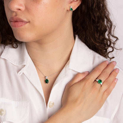 Silver and Emerald Zirconia Oval Drop Earrings