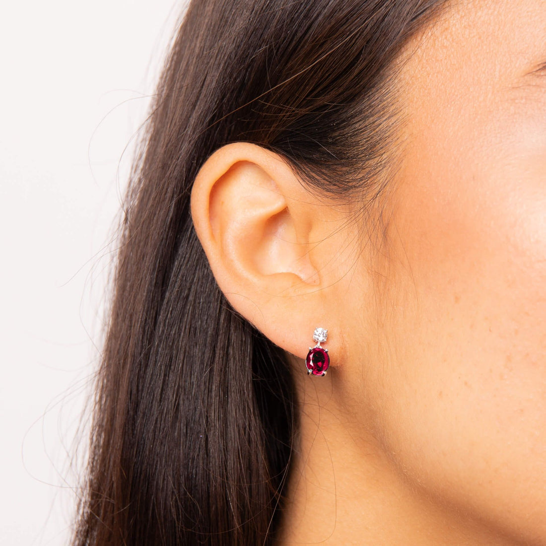 Silver and Ruby Zirconia Oval Drop Earrings