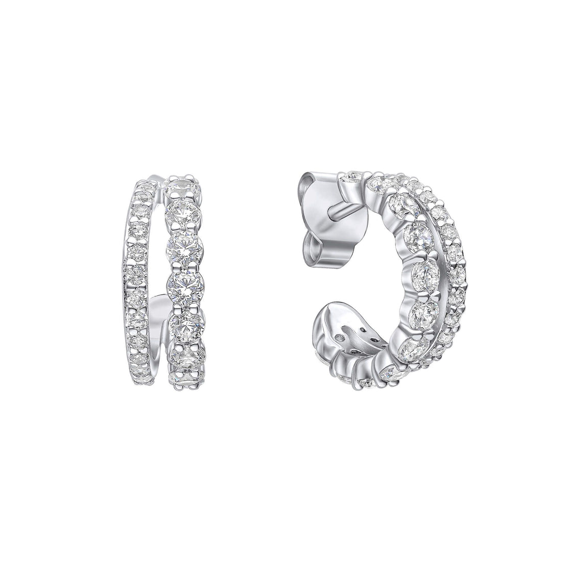 Silver and Zirconia Double Row 3/4 Hoop Earrings