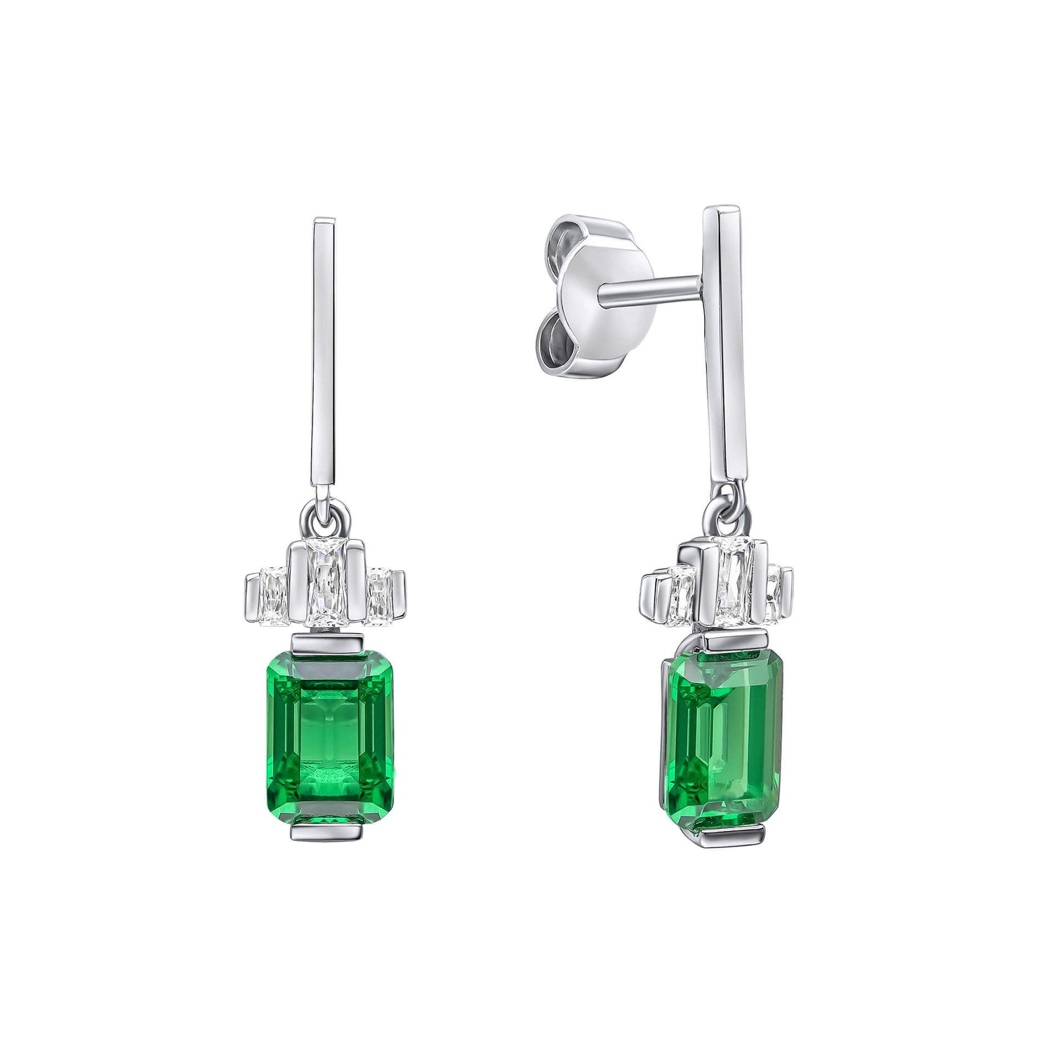 Silver Emerald Cut Zirconia Drop Earrings — Emerald CZ