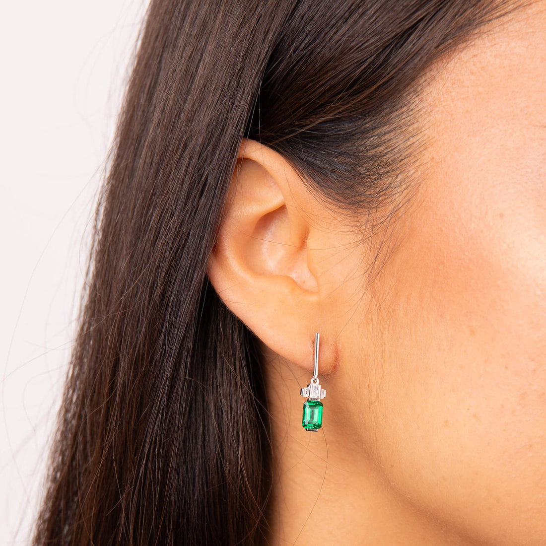 Silver Emerald Cut Zirconia Drop Earrings — Emerald CZ