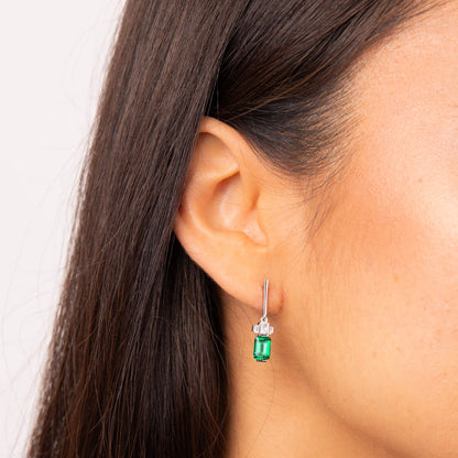 Silver Emerald Cut Zirconia Drop Earrings — Emerald CZ