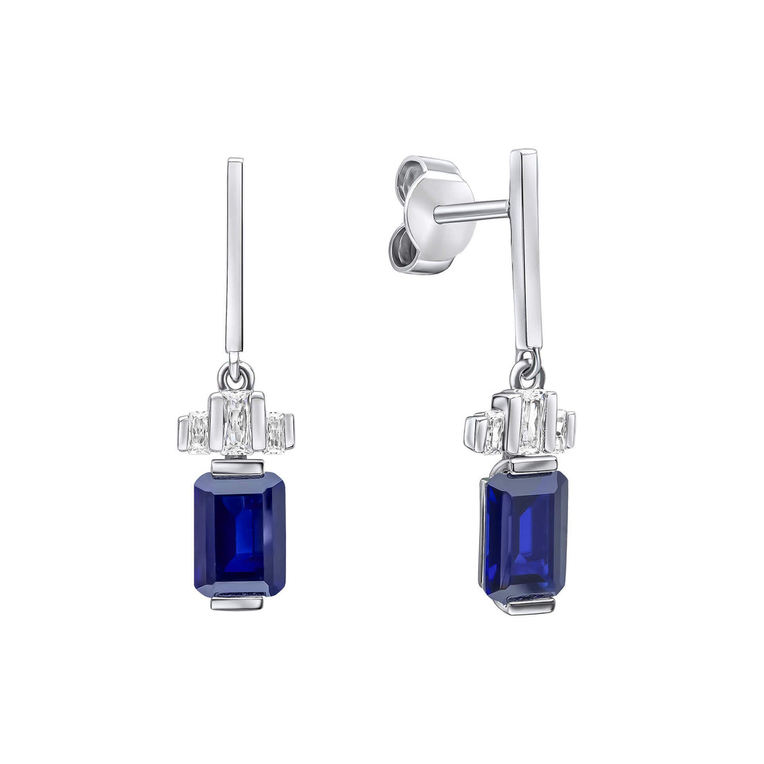 Silver Emerald Cut Zirconia Drop Earrings — Sapphire CZ