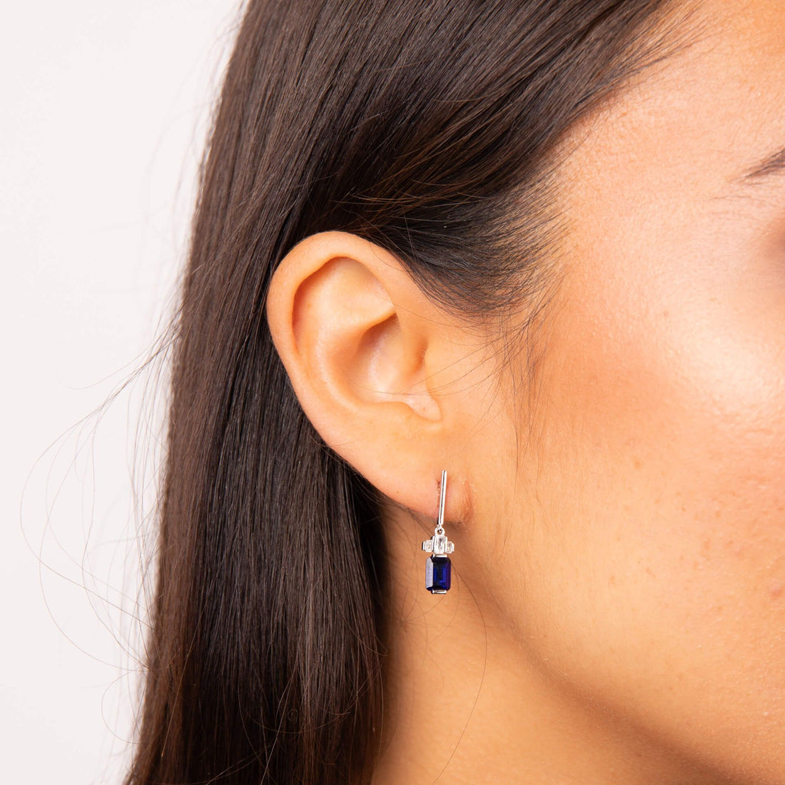 Silver Emerald Cut Zirconia Drop Earrings — Sapphire CZ