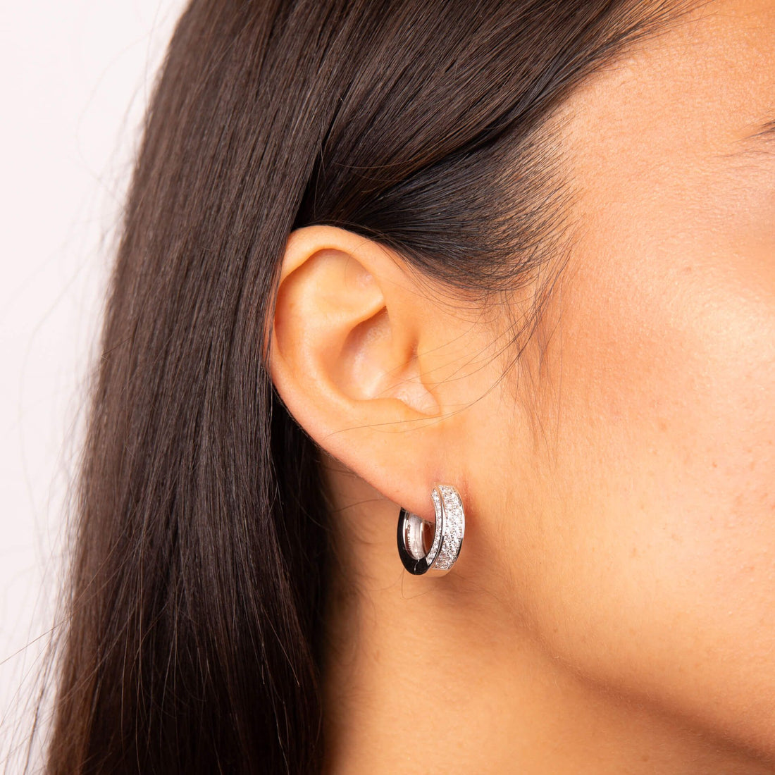 Silver and Zirconia Half Pavé Band Hoop Earrings