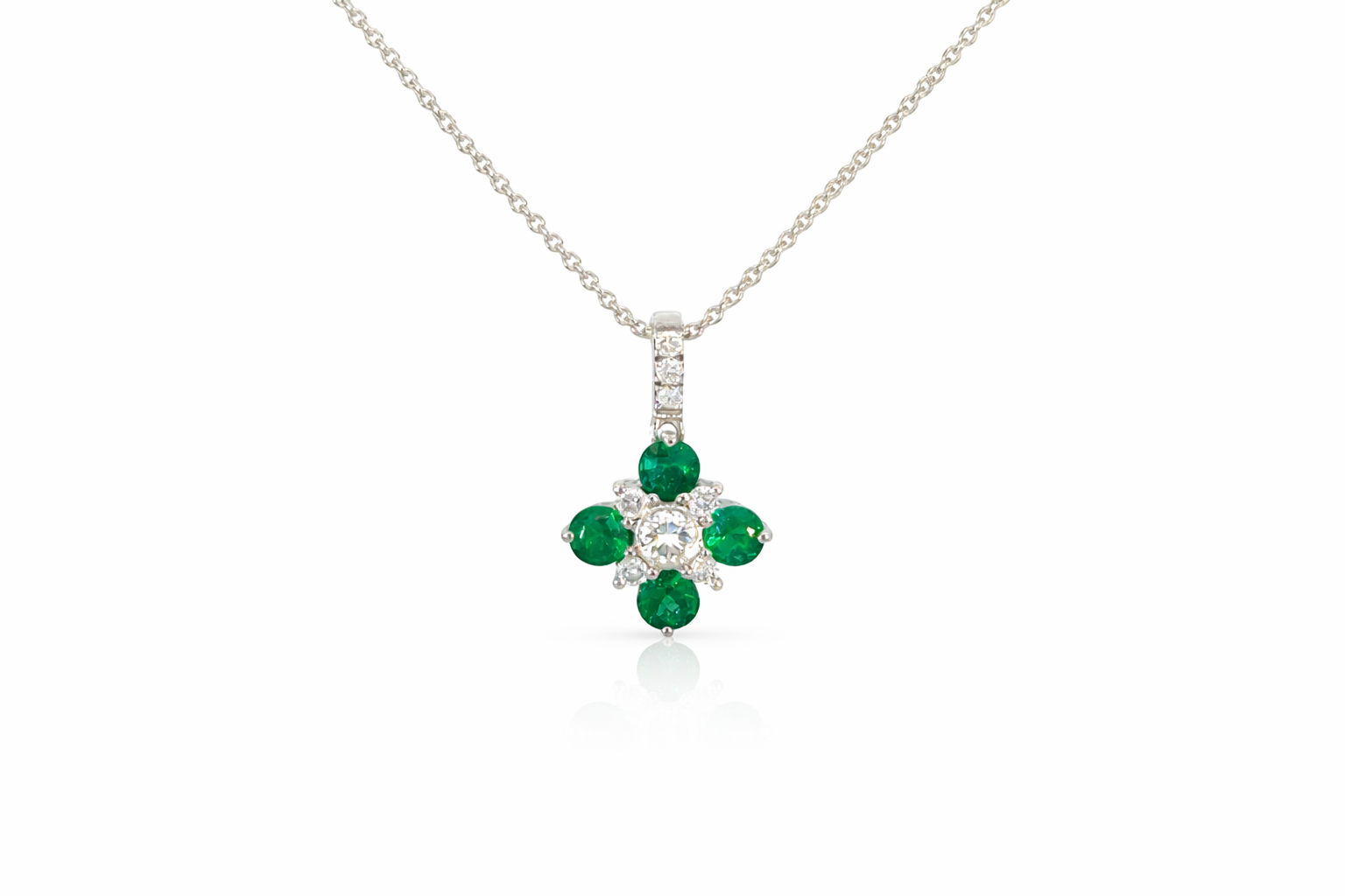 18ct White Gold Emerald &amp; Diamond Cluster Pendant