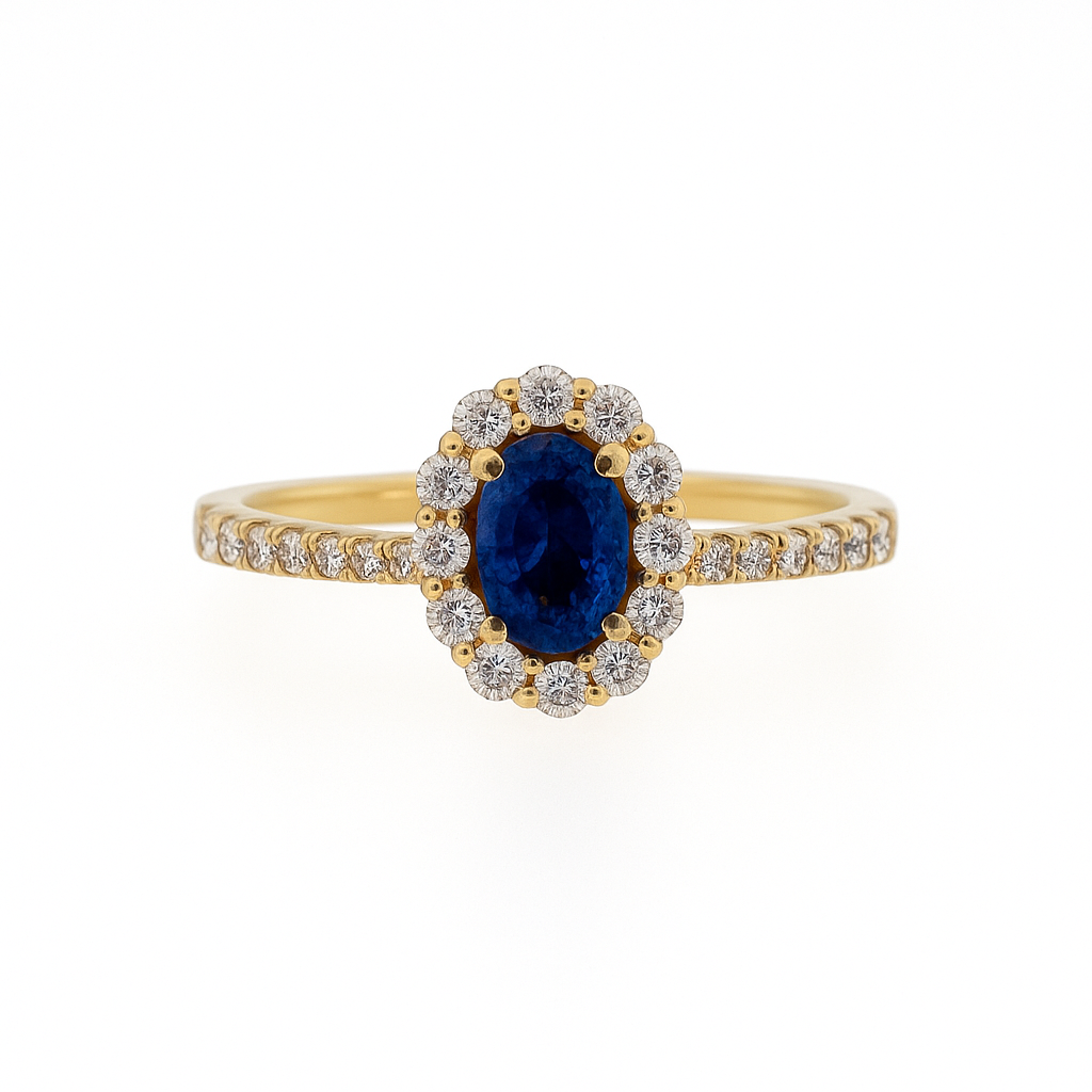 18ct Yellow Gold Blue Sapphire &amp; Diamond Halo Ring