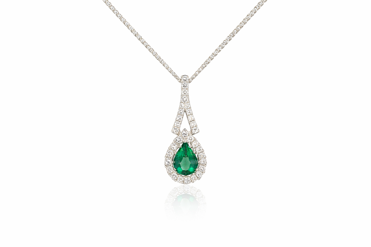 18ct White Gold Emerald &amp; Diamond Drop Necklace
