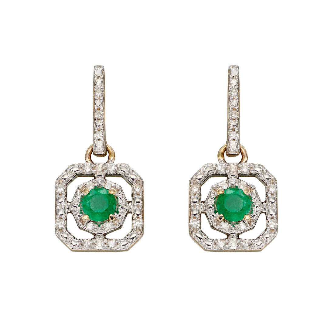 Square Emerald Art Deco Drop Earrings in 9ct Yellow Gold