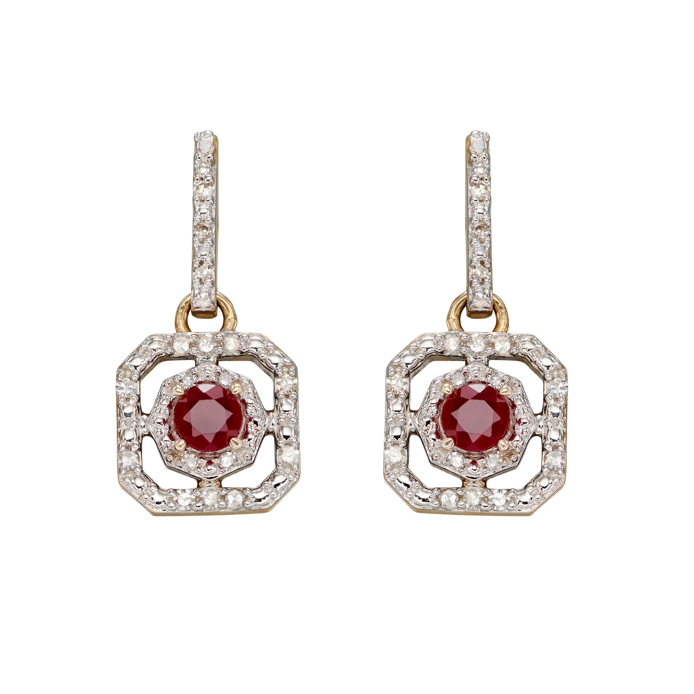 Square Ruby Art Deco Drop Earrings in 9ct Yellow Gold