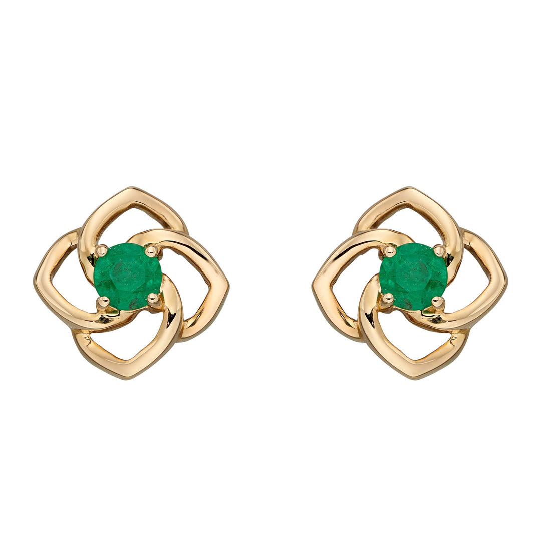Cut Out Flower Stud Earrings with Emerald in 9ct Yellow Gold