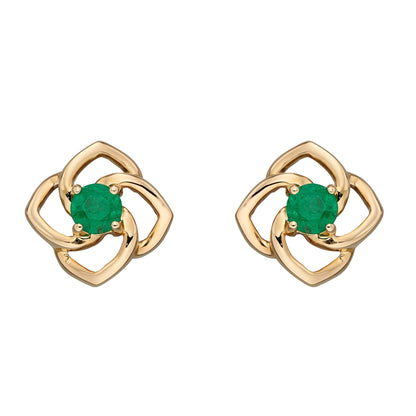 Cut Out Flower Stud Earrings with Emerald in 9ct Yellow Gold