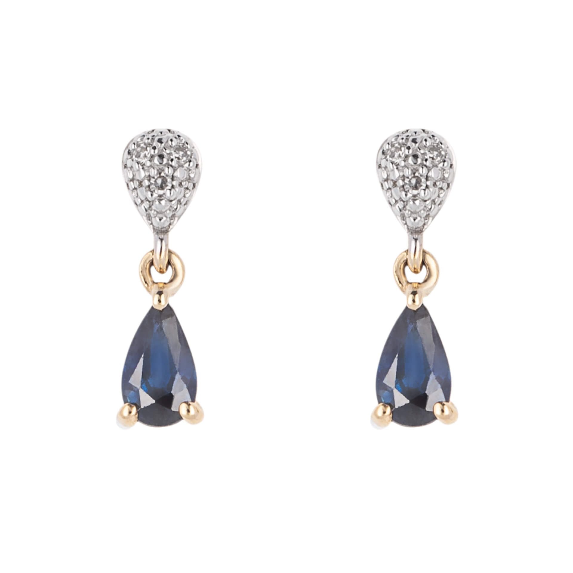 Blue Sapphire and Diamond Droplet Earrings in 9ct Yellow Gold