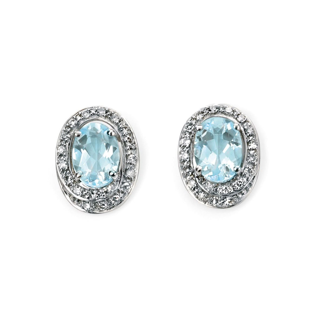 Oval Aquamarine Earrings with Diamond Swirl in 9ct White Gold