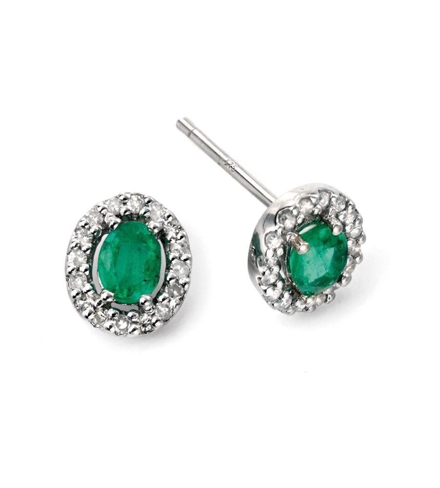 Emerald Earrings with Diamond Cluster Surround in 9ct Gold