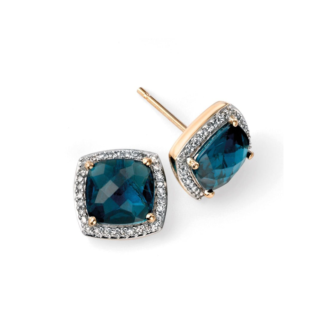Checkerboard London Blue Topaz Earrings with Diamond in 9ct Yellow Gold