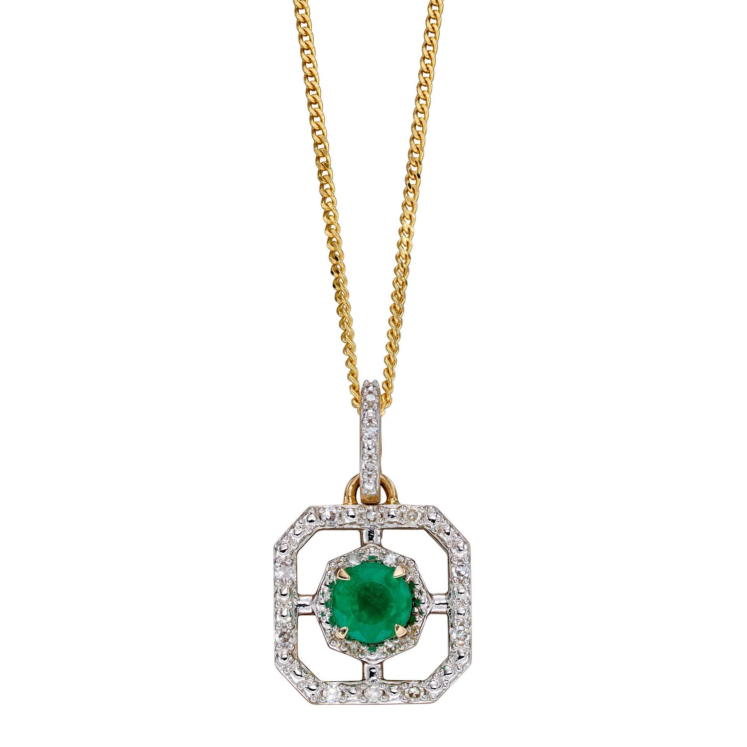 Emerald Square Art Deco Pendant in 9ct Yellow Gold