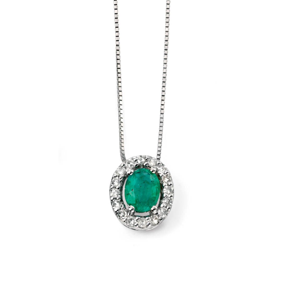 Emerald Pendant with Diamond Cluster Surround in 9ct Gold