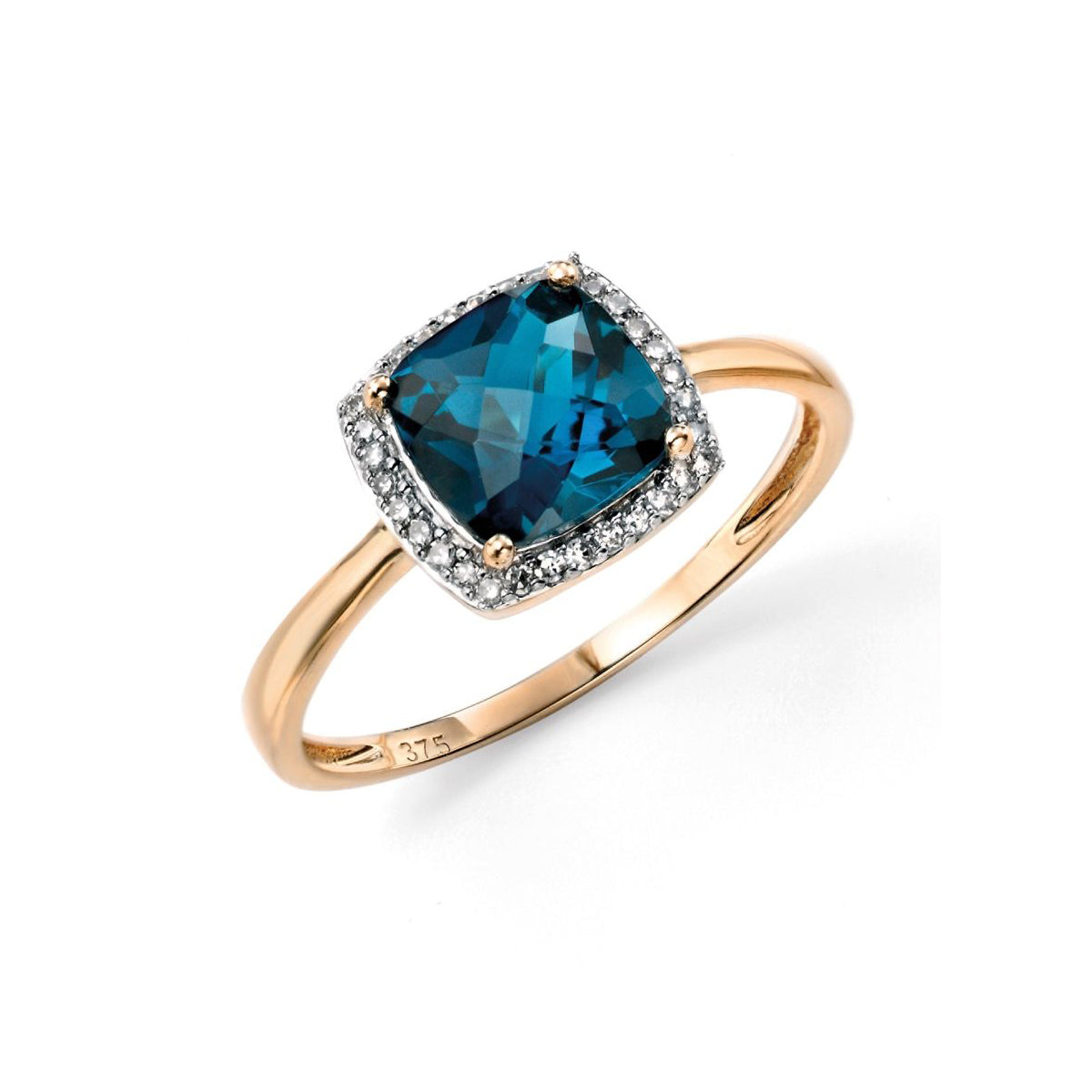 Checkerboard London Blue Topaz Ring with Diamond Surround in 9ct Yellow Gold