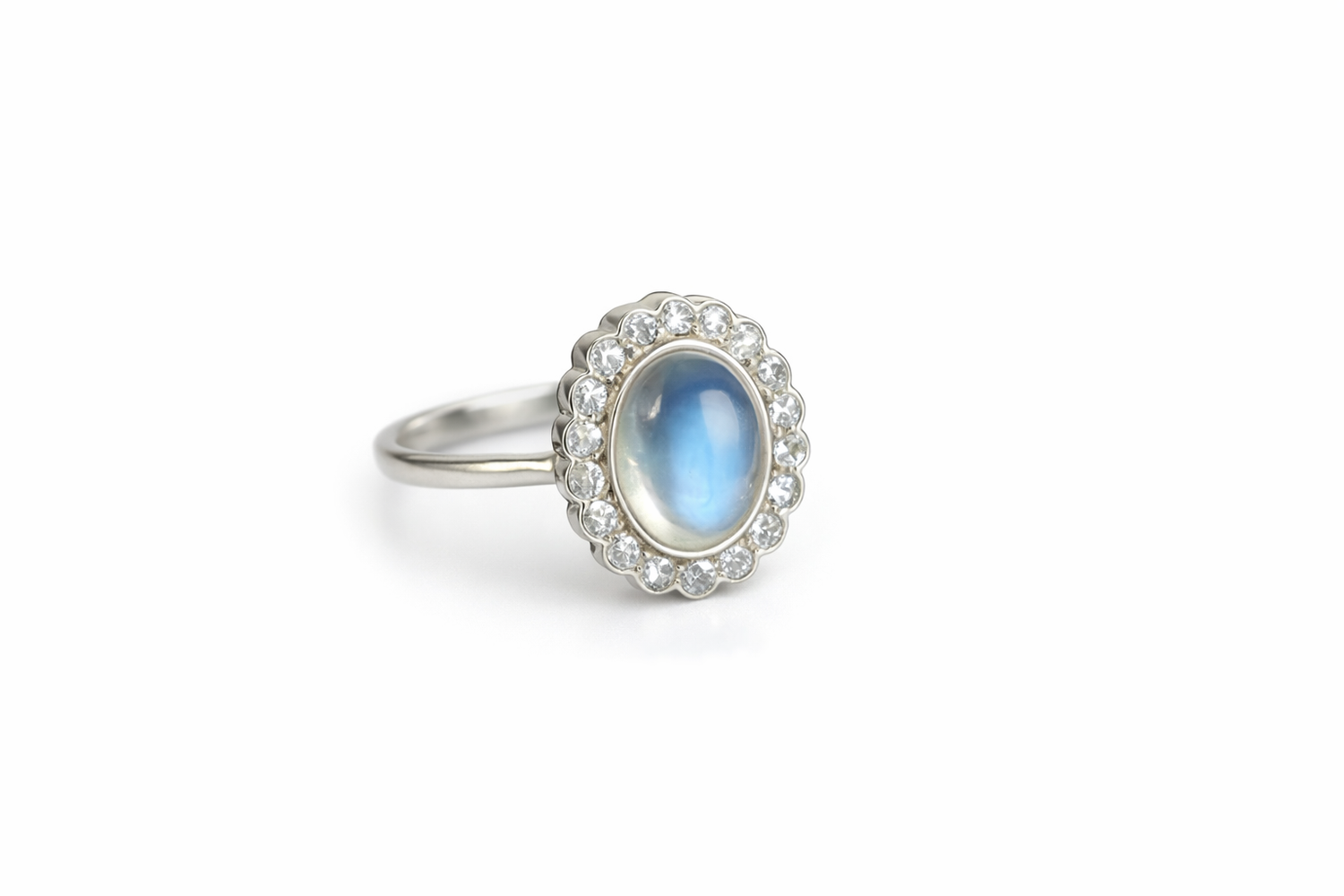 18ct White Gold Moonstone &amp; Diamond Cluster Ring