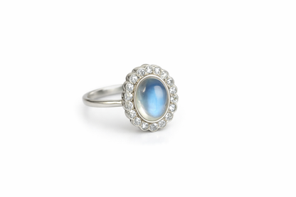 18ct White Gold Moonstone &amp; Diamond Cluster Ring
