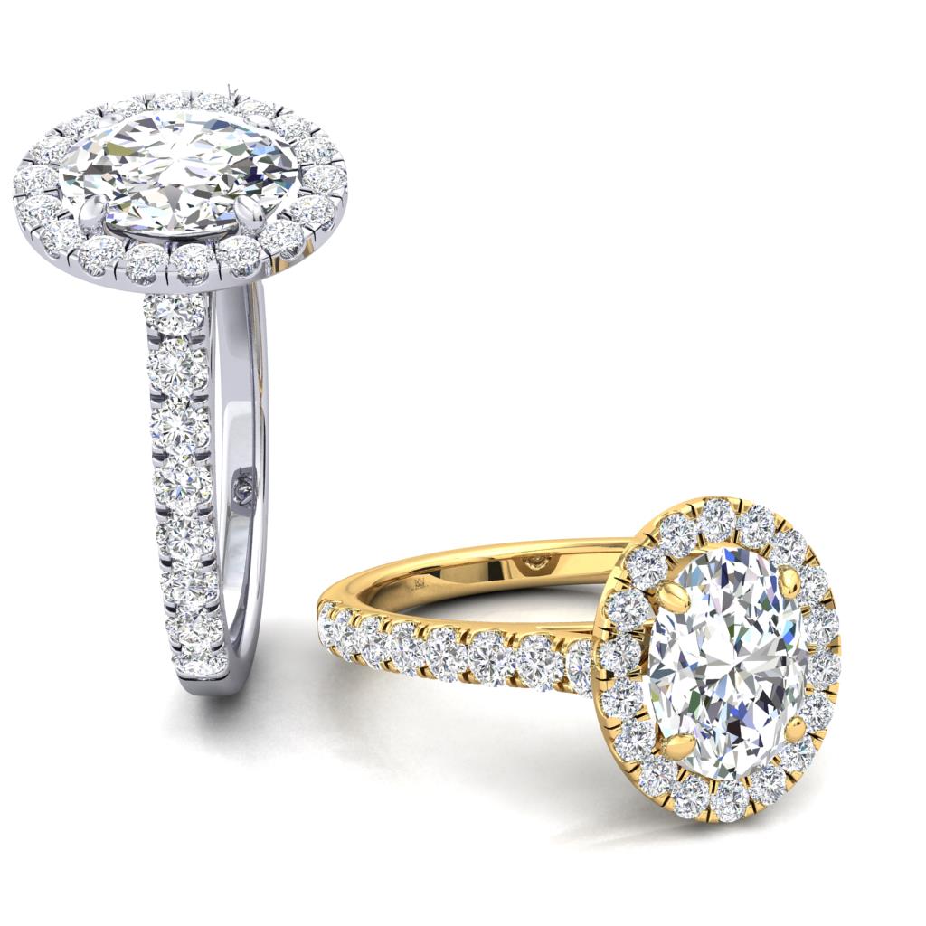 18CT Gold Oval Diamond Halo Ring with Diamond Set Shoulders
