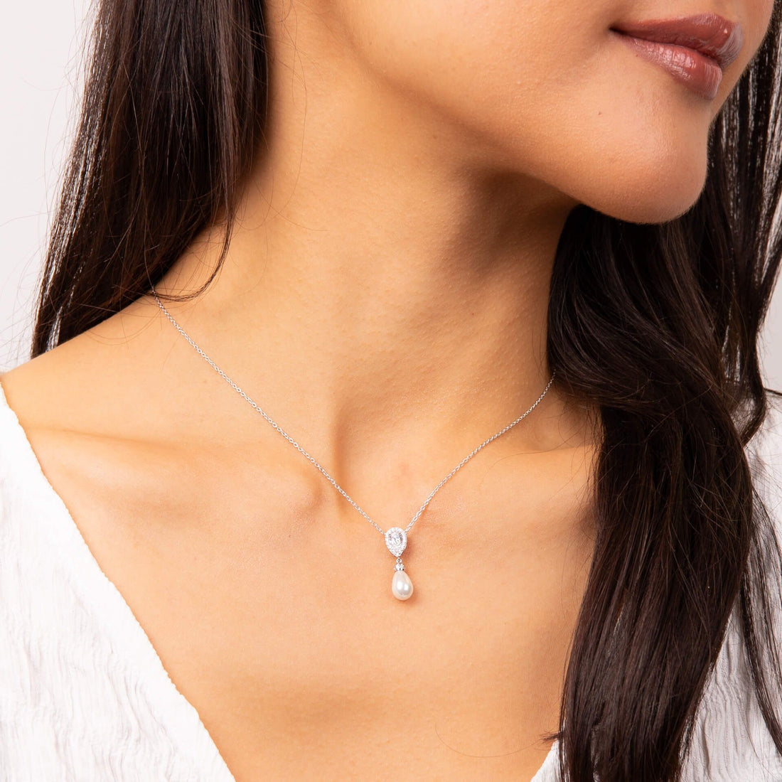 Silver Teardrop Zirconia Pendant with Shell Pearl Drop