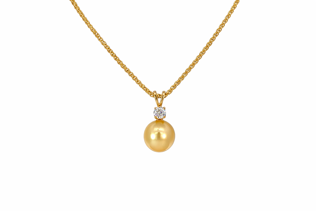 9ct Yellow Gold Golden Pearl &amp; Diamond Pendant Necklace