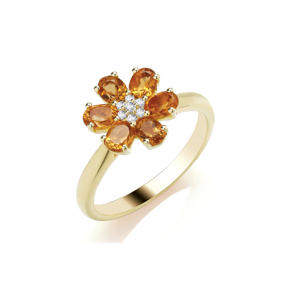 9CT Yellow Gold Diamond and Citrine Flower Shaped Ring - Robert Anthony Jewellers, Edinburgh