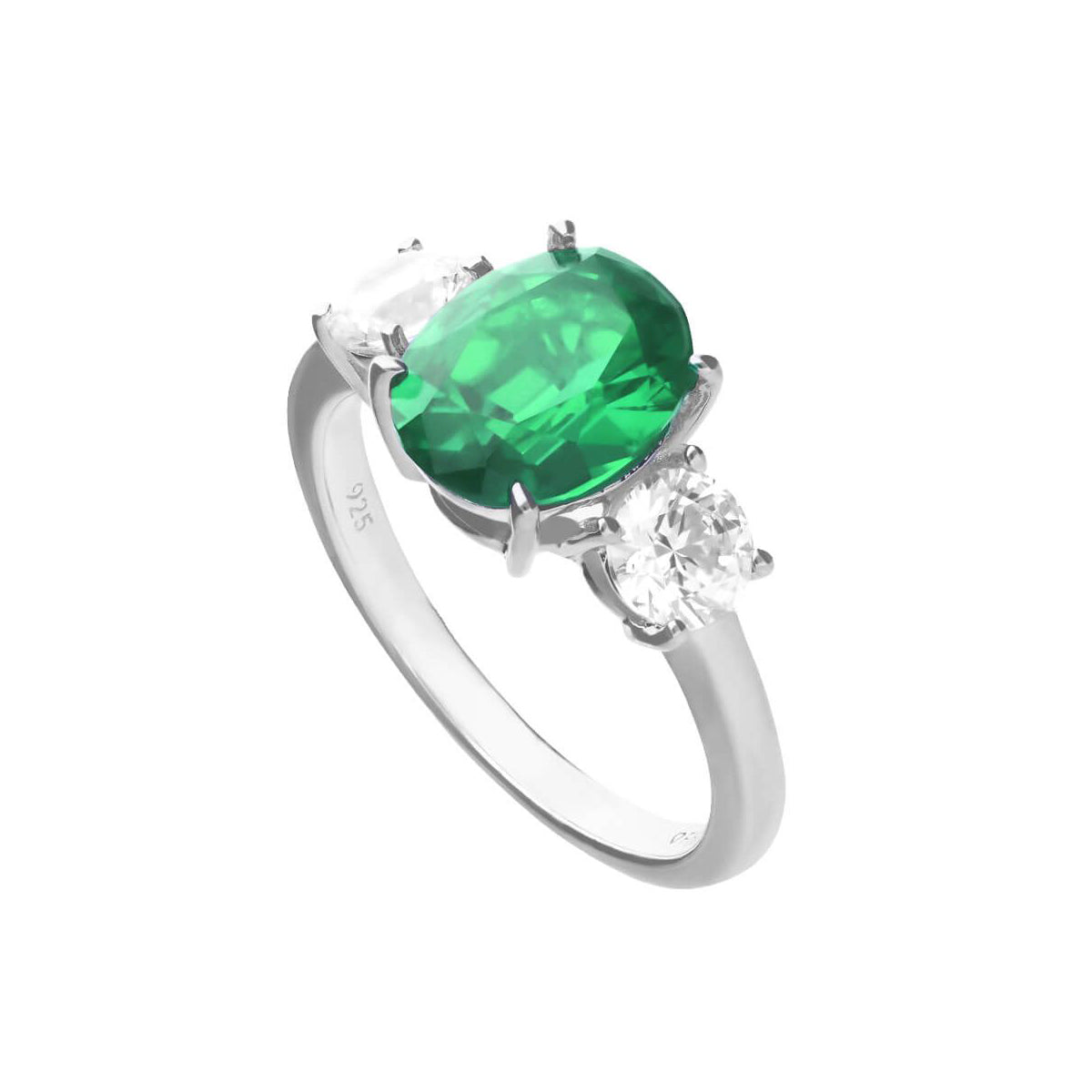 Silver Oval Emerald Zirconia Trilogy Ring — Emerald CZ