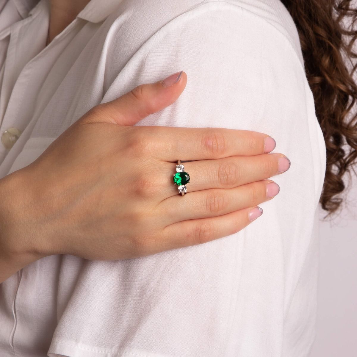 Silver Oval Emerald Zirconia Trilogy Ring — Emerald CZ