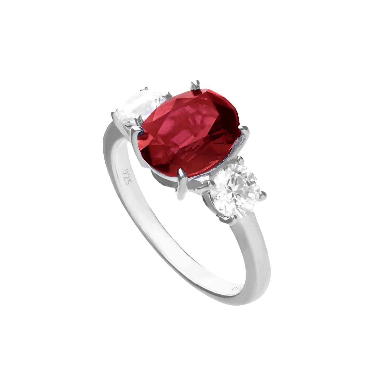Silver Oval Ruby Zirconia Trilogy Ring — Ruby CZ