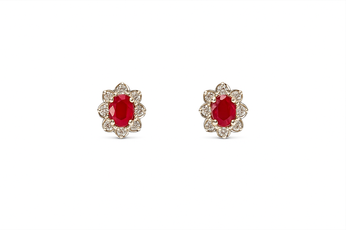 9ct Gold Ruby &amp; Diamond Cluster Stud Earrings