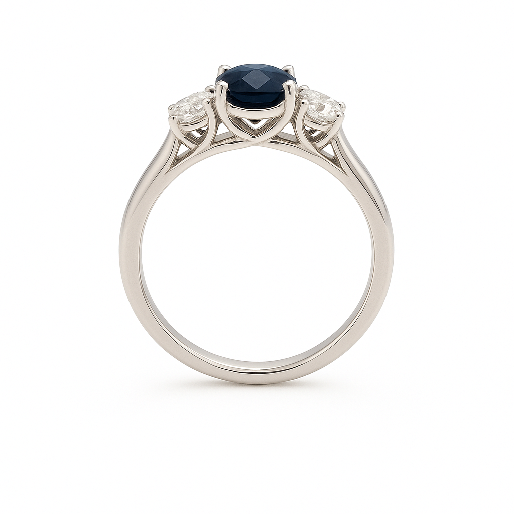 Platinum White Gold Multistone Ring with Deep Blue Sapphire Cabochon
