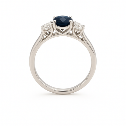 Platinum White Gold Multistone Ring with Deep Blue Sapphire Cabochon