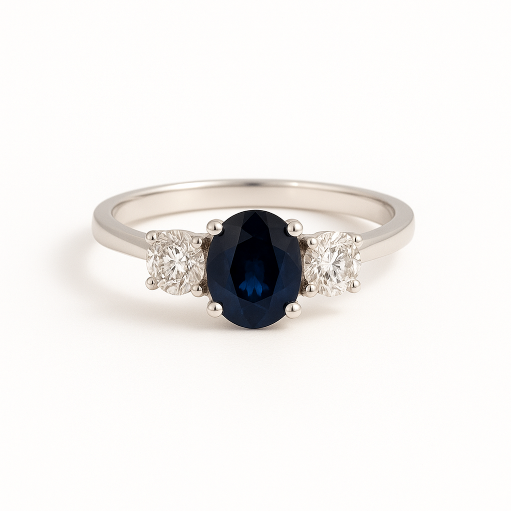 Platinum White Gold Multistone Ring with Deep Blue Sapphire Cabochon